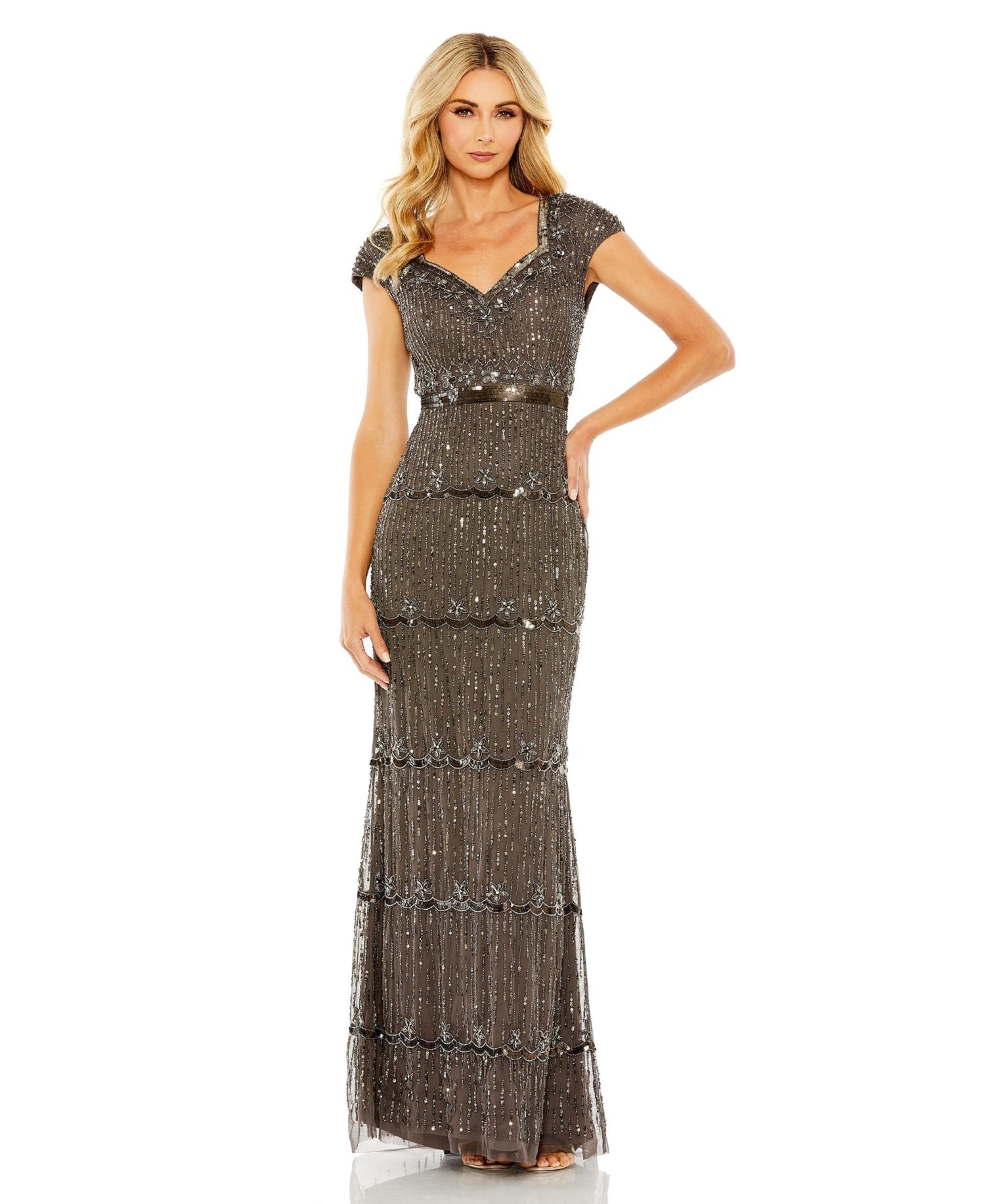 Women's Cap Sleeve Sweetheart Neckline Beaded Sequin Column Gown