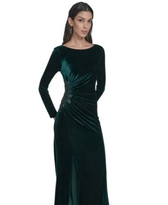 Petite Side Ruched Velvet Long Sleeve Gown