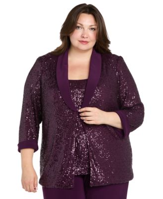 Plus Size Sequined Sleeveless Top, Open-Front Jacket & Pants Set