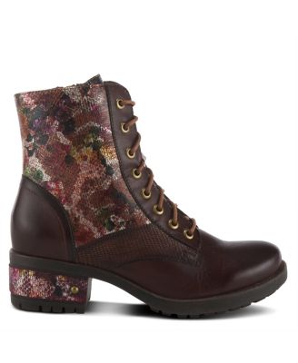 L Artiste Women s MARTY-MET Lace-Up Floral Metallic Boots with Faux Snakeskin Texture and Embossed Heel