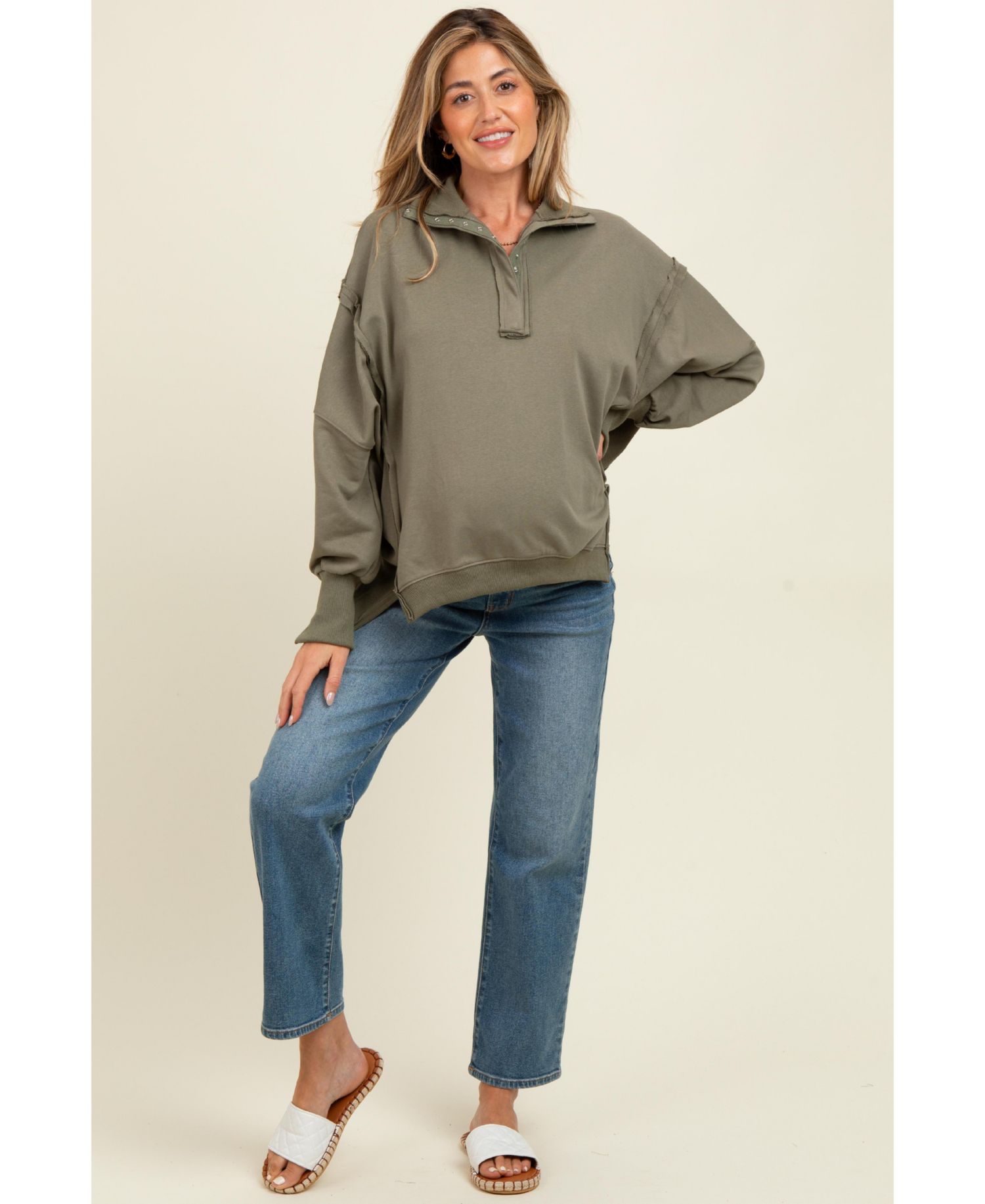 Women's Olive Snap Button Pullover Henley Sweatshirt