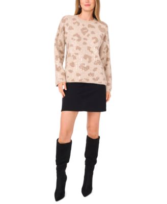 Women's Animal-Print Crewneck Sequined Long-Sleeve Sweater
