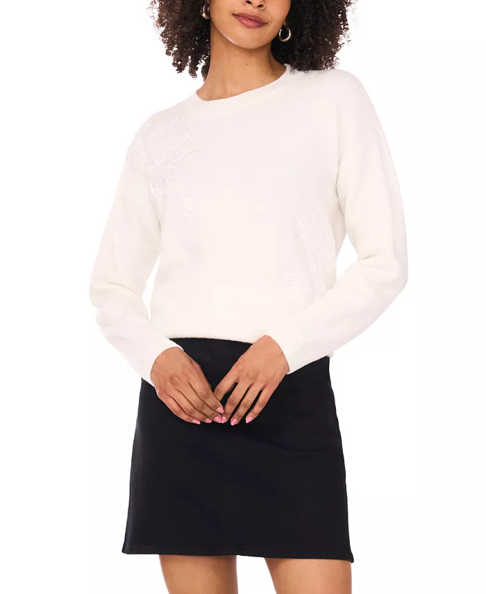 Women's Crewneck Embellished Sequin Floral Long-Sleeve Sweater