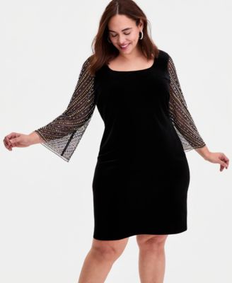 Plus Size Embellished-Sleeve Stretch Velvet Dress