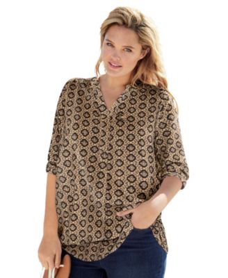 Plus Size Within Rayon 7-Day Three-Quarter Sleeve Tab-Front Tunic Top
