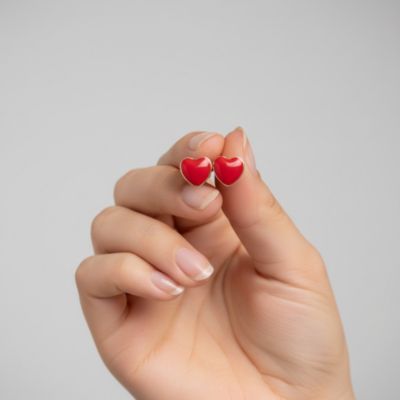 Kids 14K Gold Plated Red Enamel Mini Heart Design Stud Earrings