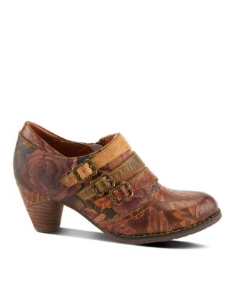 L Artiste Women s Graphic Handpainted Floral Leather Shooties with Antique Buckle and Stacked Heel