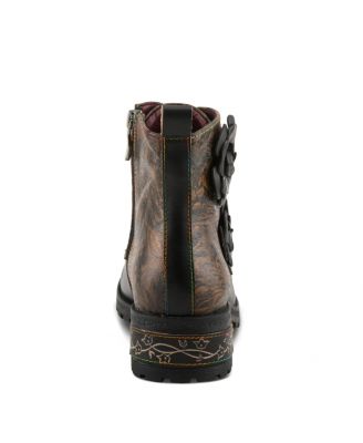L’Artiste Women’s MARTINELA Floral Appliqu&eacute; Leather Boot with Rainbow Stitching and Lace-Up Detail