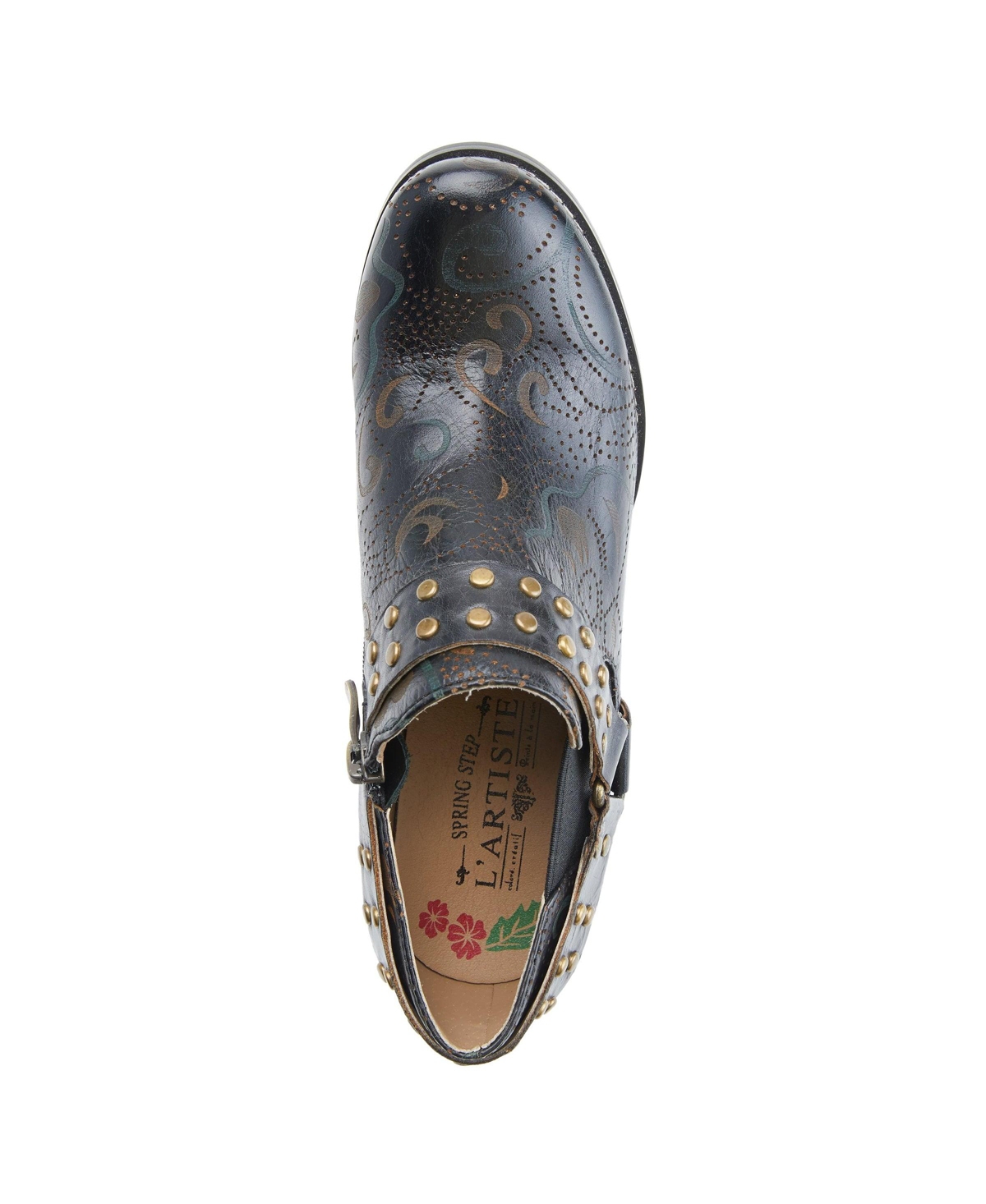 L'Artiste Women's Kacielou Western Shooties with Hand-Painted Leather, Studded Ankle Strap, Elastic Goring, and Cone Heel – Burnished Embossed Booties