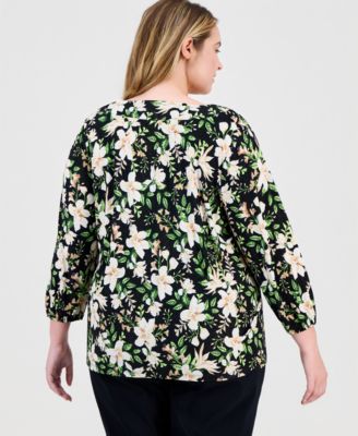 Plus Size Printed V-Neck Jacquard Top, Macy's Exclusive