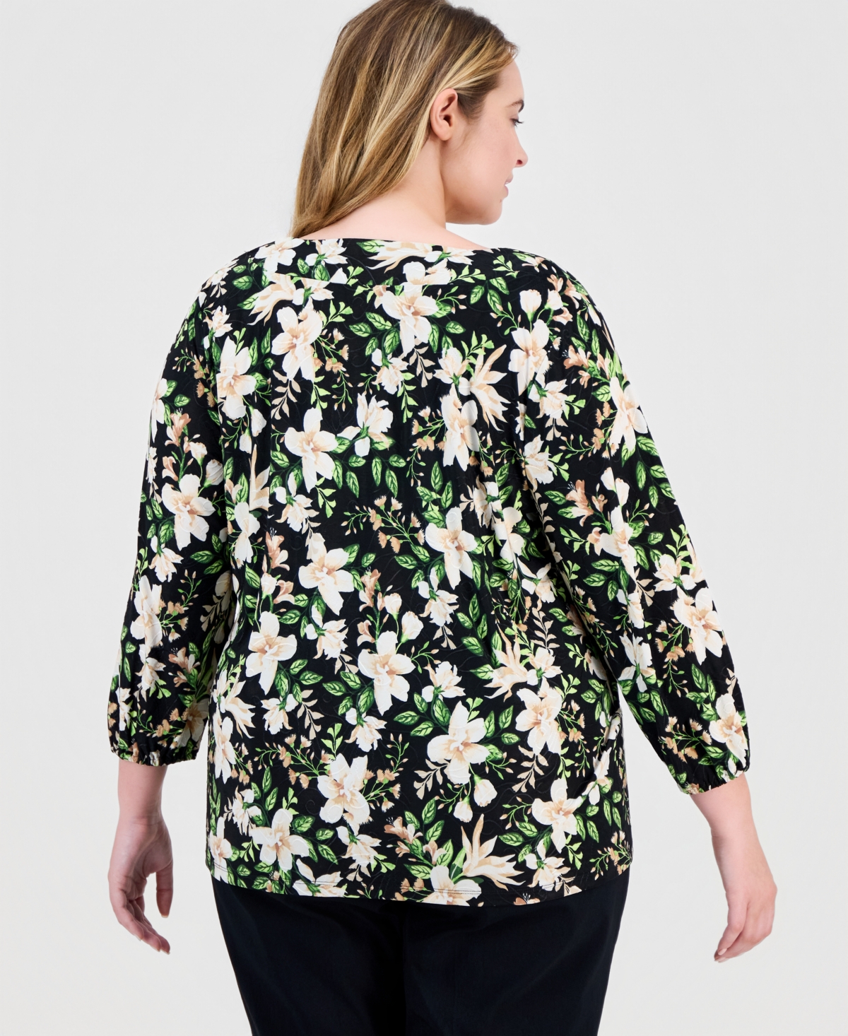 Jm Collection Plus Printed V-Neck Jacquard Top