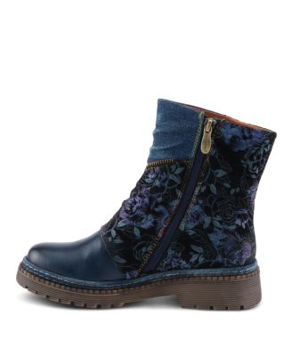 Women's Avrilrose Leather and Denim Booties with Daisy Accents, Lug Sole,Dual Zippers– Unique Mixed-Material Ankle Boots for Bold Fall Style
