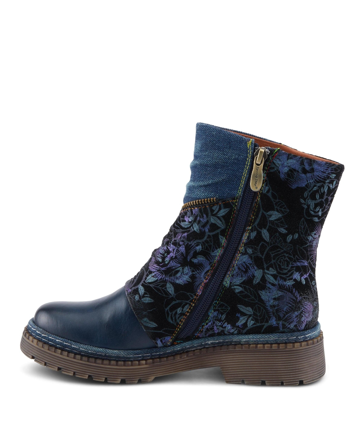 L'Artiste Women's Avrilrose Leather and Denim Booties with Daisy Accents, Lug Sole, Dual Zippers, Urban Grunge Design – Unique Mixed-Material Ankl