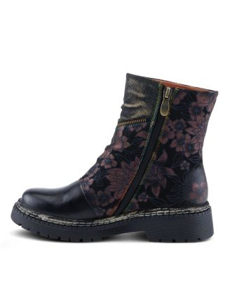 Women's Avrilrose Leather and Denim Booties with Daisy Accents, Lug Sole,Dual Zippers– Unique Mixed-Material Ankle Boots for Bold Fall Style