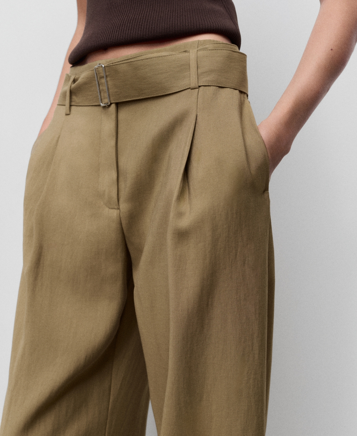 Mango Women's Belted Paper Bag Pants In Green