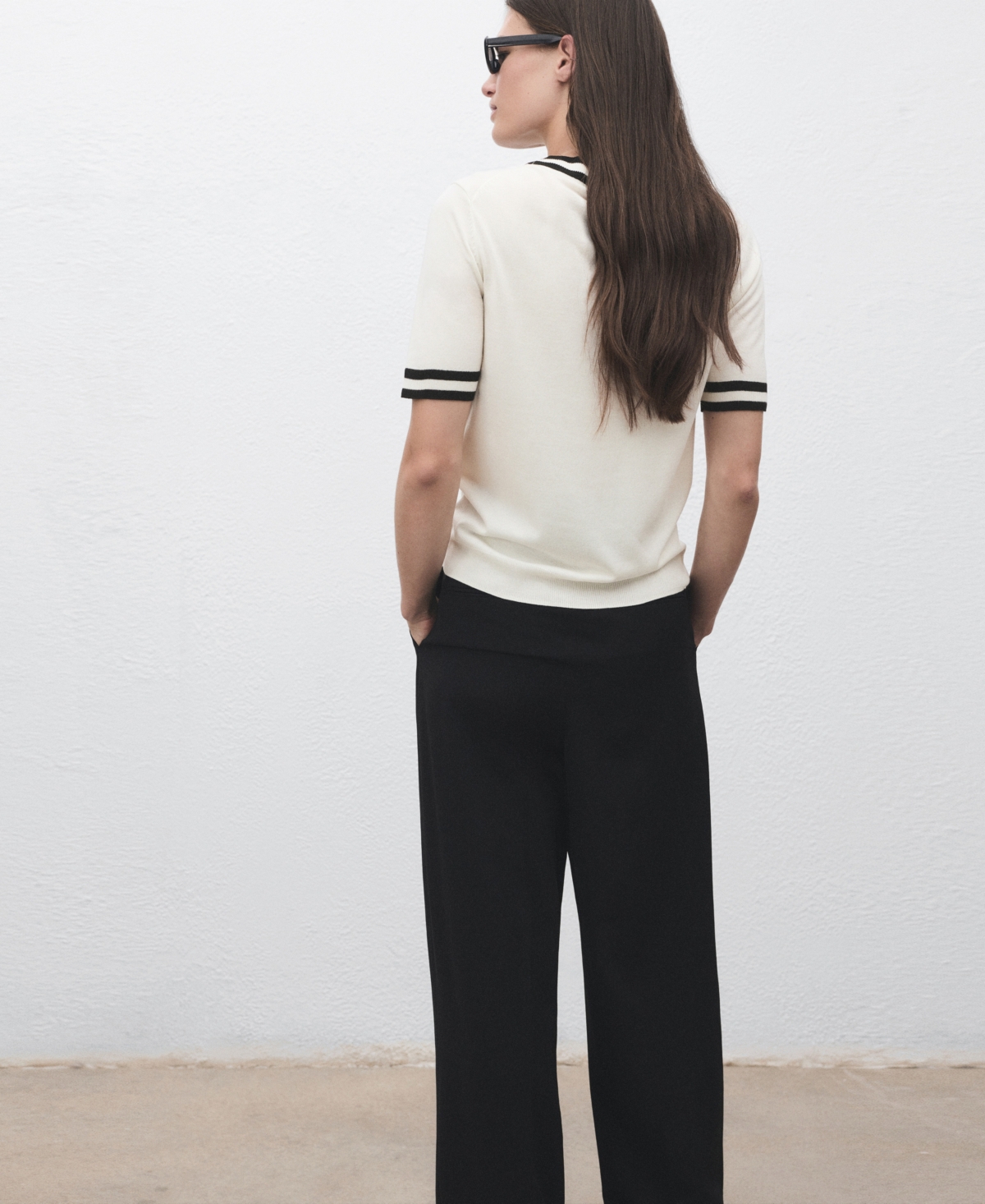 Mango Contrast Stripe Short Sleeve Sweater In White