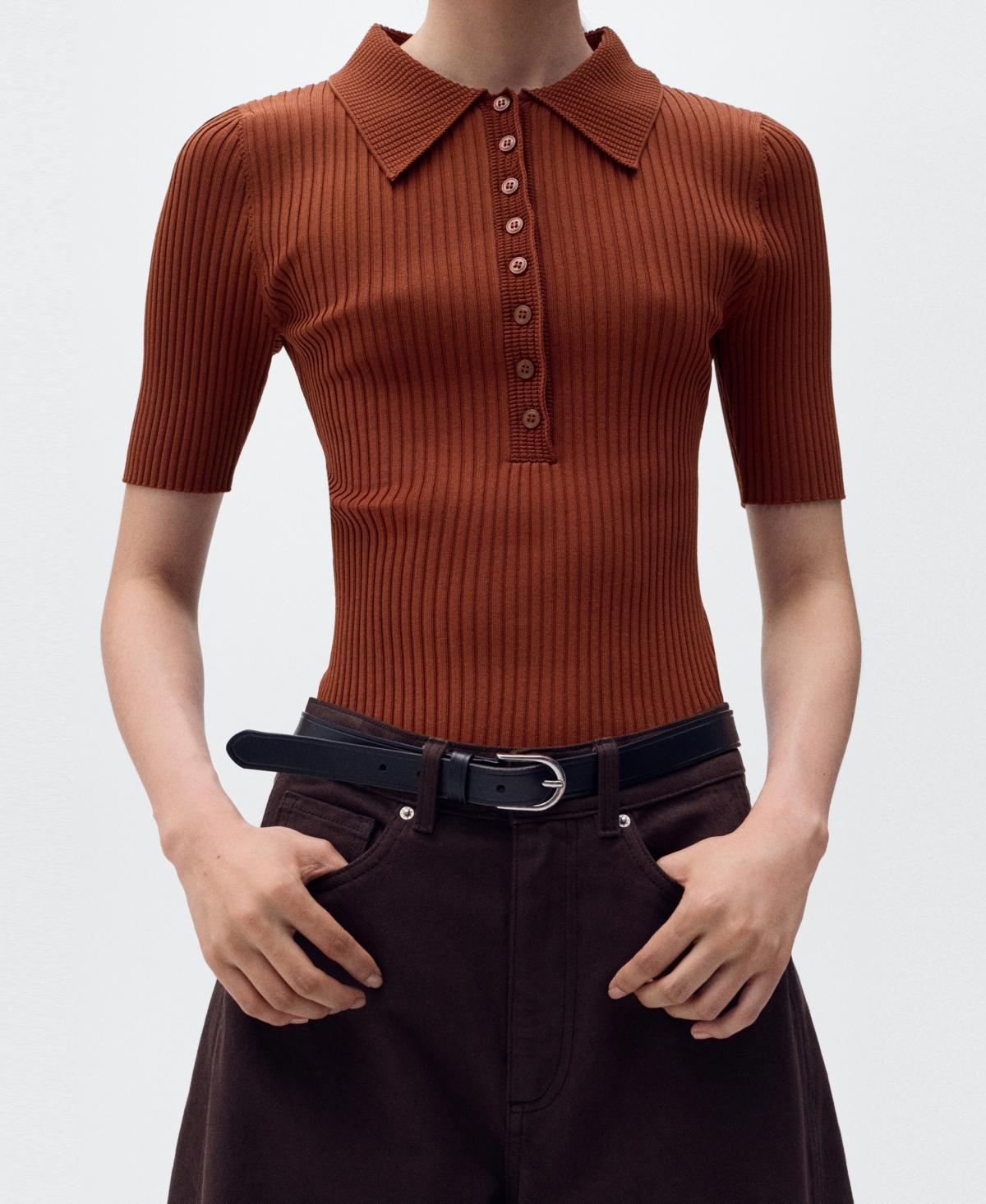 Mango Rib Short Sleeve Polo Sweater In Brown