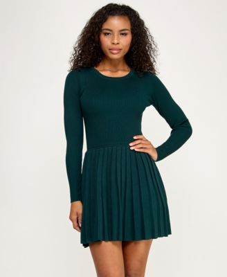 Juniors Pleated Round Neck Fit & Flare Sweater Dress