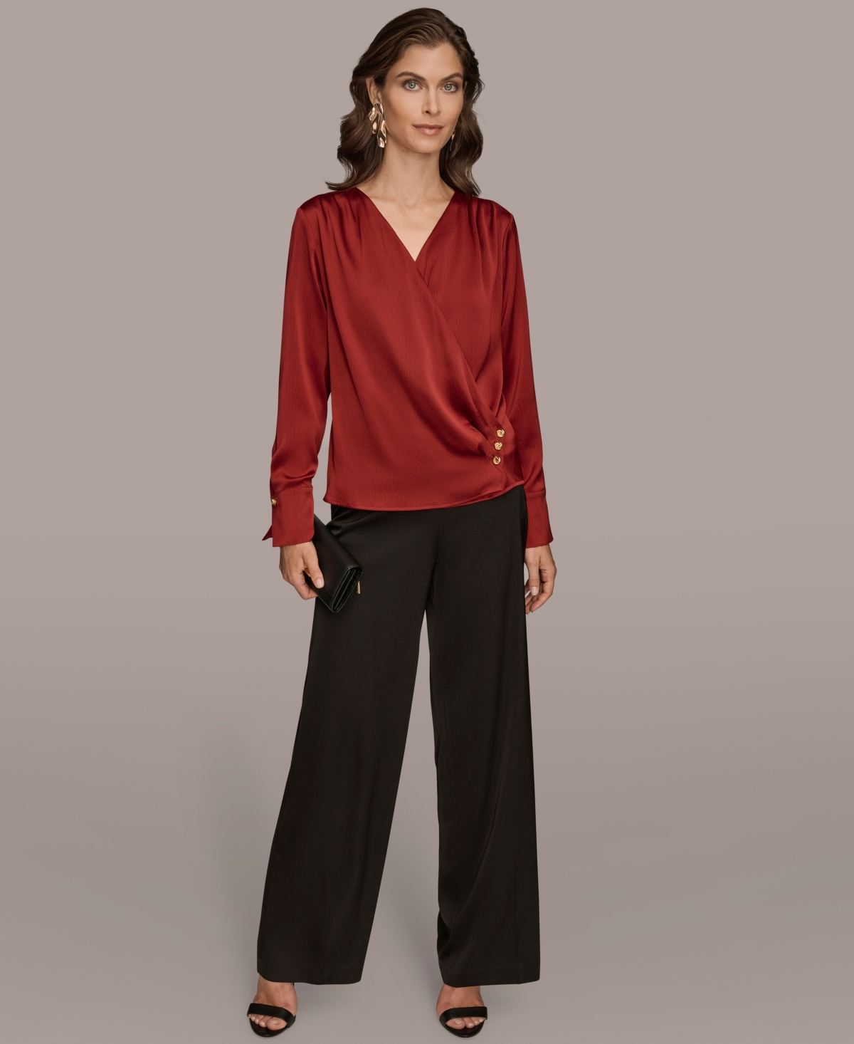 Donna Karan New York Hammered Satin Faux Wrap Top In Red