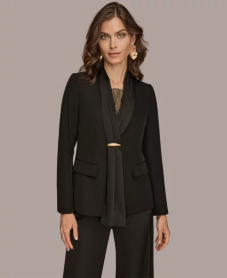 Women's Mixed Media Collarless Jacket, Regular & Petites - Black