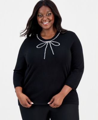 Anne Klein - Plus Size Glitz Bow 3/4-Sleeve Sweater
