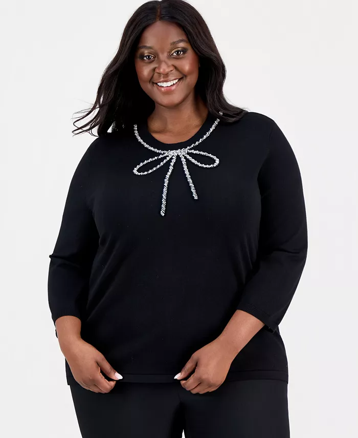 Plus Size Glitz Bow 3/4-Sleeve Sweater