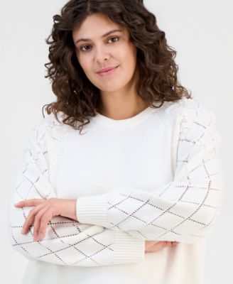Plus Size Floral Pointelle-Sleeve Sweater
