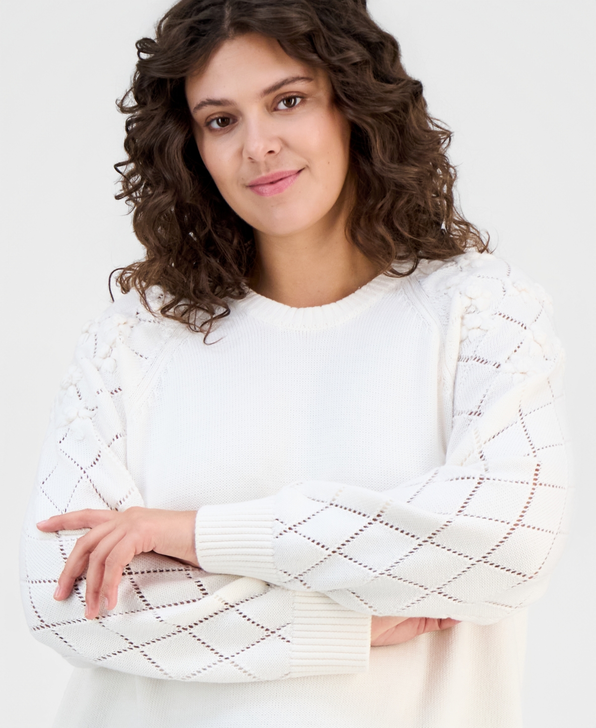 Anne Klein Plus Size Floral Pointelle-Sleeve Sweater