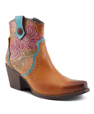 L Artiste Women s REBAMAC Western Floral Embossed Leather Mid-Calf Cowboy Booties with Snip Toe and Zipper Closure