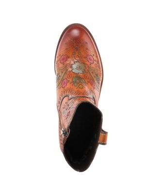 L Artiste Women s GALOP Handpainted Leather Western Booties with Floral Embossing, Pull Tab, and Side Zipper