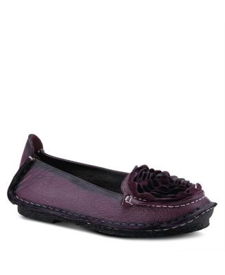 Dezi Hand-Painted Leather, Ombre Finish, Flower Accent, Cushioned Insole, Rubber Outsole – Round Toe Artisan Slip-On Flats