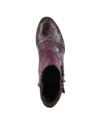 Women's Carre Floral Print Leather Booties with Metallic Cap Toe, Decorative Ribbons, Rainbow Stitching, and Printed Wrapped Heel