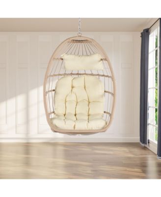 55 Inch Khaki Rattan Egg Swing Chair with Stand and Beige Cushion