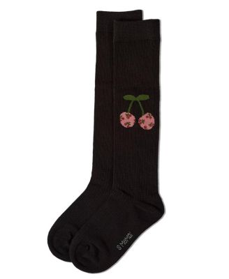 Girls Ribbed Cotton-Rich Cherry Embroidered Knee Sock