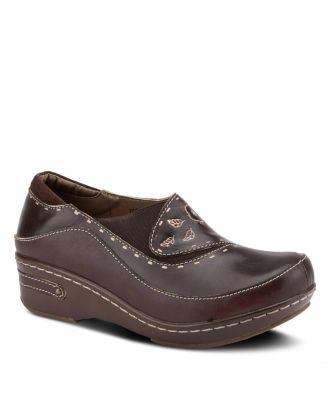 L Artiste Women s BURBANK Hand-Painted Leather Clogs with Floral Embossing and Elastic Insets