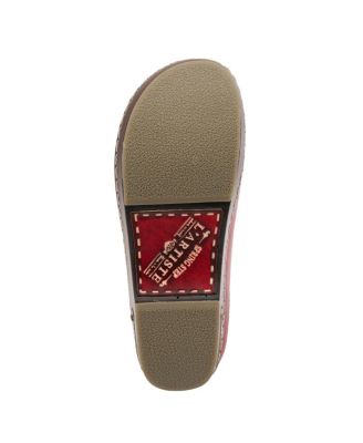 L Artiste Women s BURBANK Hand-Painted Leather Clogs with Floral Embossing and Elastic Insets