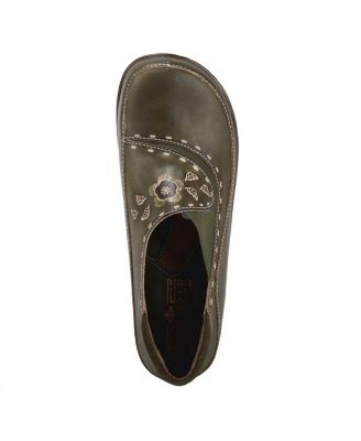 L Artiste Women s BURBANK Hand-Painted Leather Clogs with Floral Embossing and Elastic Insets