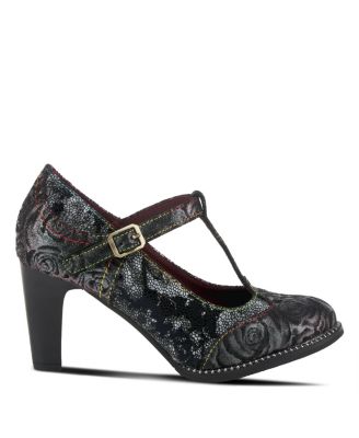 Women s Mazie Closed-Toe T-Strap Heels in Floral Metallic and Mosaic Leather with Decorative Buckle and Stacked Heel