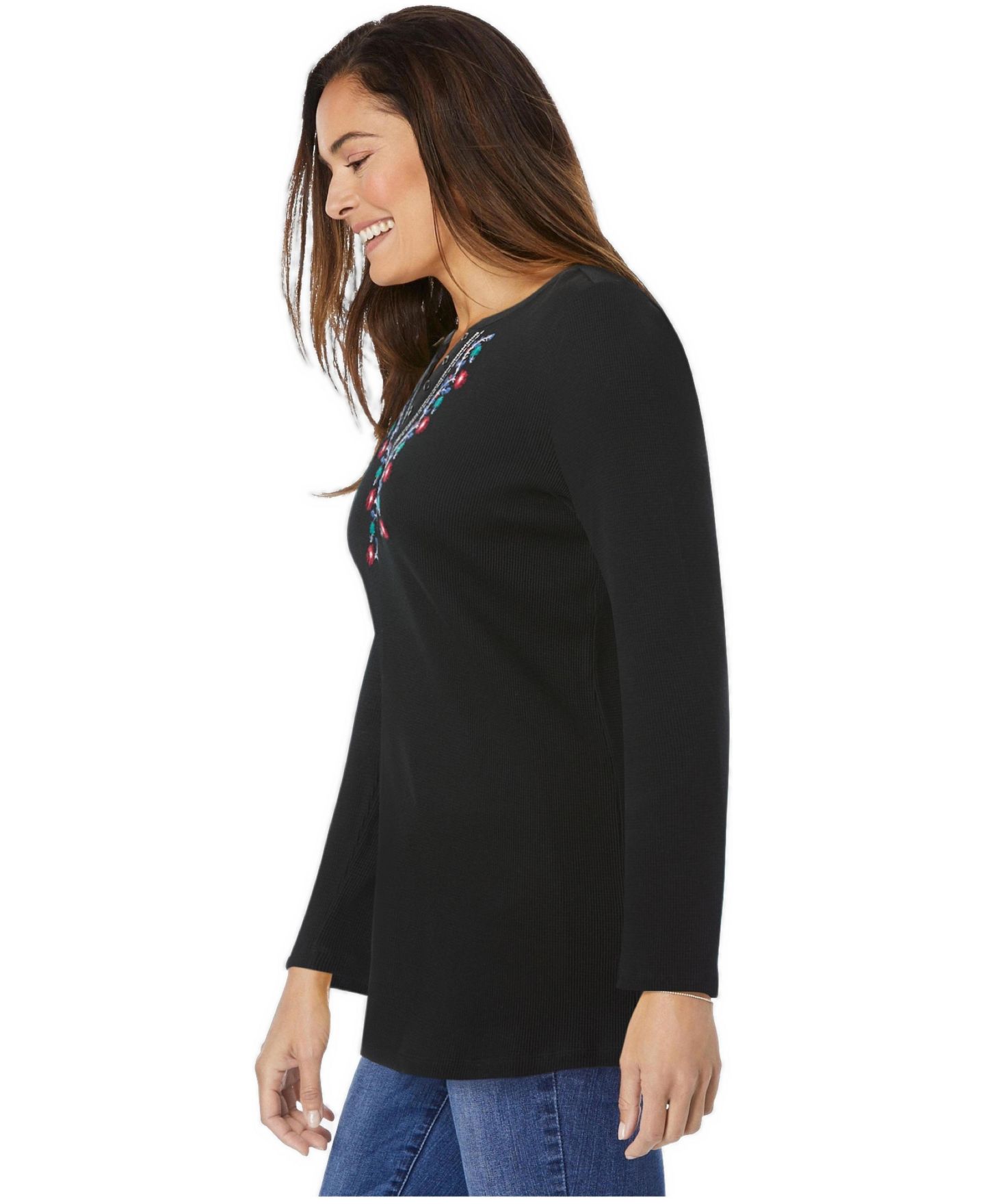 Женская футболка Woman Within Within Embroidered Thermal Henley, цвет: Чёрный — фото 3