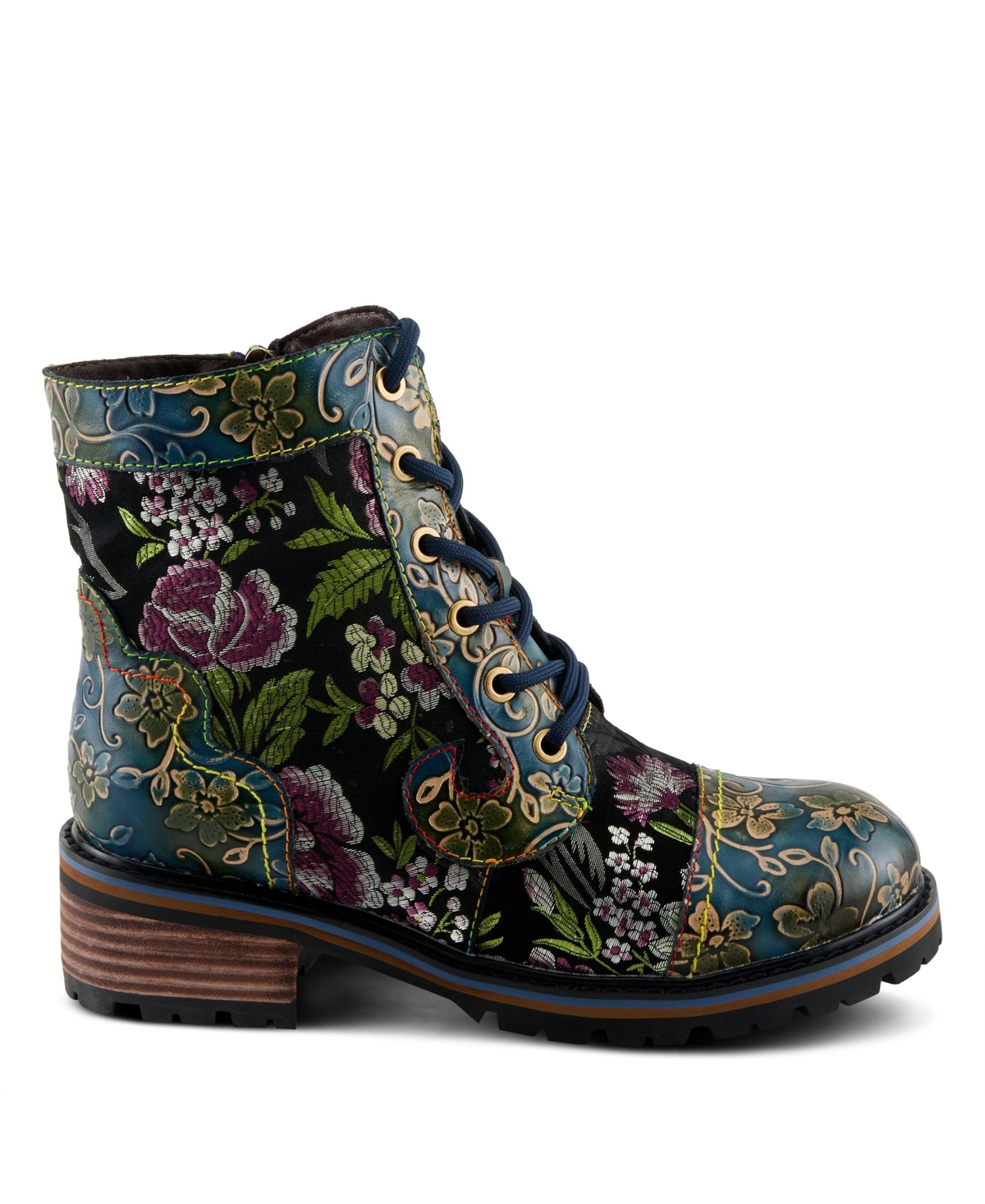 L'Artiste Women's Fantastic Leather Booties with Embroidered Textile, Embossed Floral Leather, Inside Zipper, and Lug Sole – Artisan Comfort An