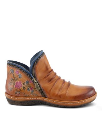 Women's Chesapeake Hand-Painted Leather Booties with Ruched Front, Inside Zipper, Floral Details – Comfortable Boho-Inspired Ankle Boots