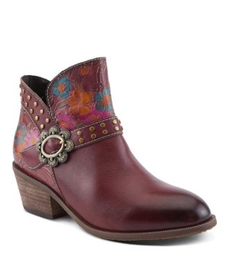 Women's Daintylady Western Ankle Boots with Hand-Painted Floral Embossing, Studded Belt Detail – Feminine Cowgirl-Inspired Comfort Booties