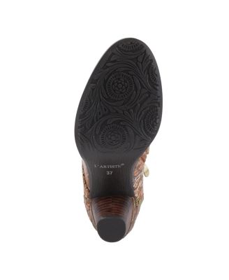 Women's Avyanna Velvet and Leather Ankle Boots with Embossed Floral Design, Cap Toe, Dual Zippers, and Low Heel
