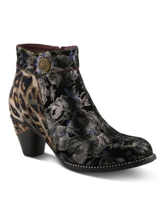 Women's Dessalynn Floral and Animal Print Suede Ankle Boots with Velvet Lining, Decorative Button, Side Zipper – Artistic Comfort Booties
