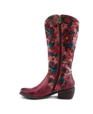 L Artiste Women s RODEOQUEEN-VIV Western Tall Boots with Embossed Leather, Floral Velvet Shaft, and Stacked Heel