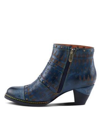 Women's Niobe Leather Ankle Boots – Burnished, Gold Studs, Etched Design, Inside Zip & Rainbow Stitching