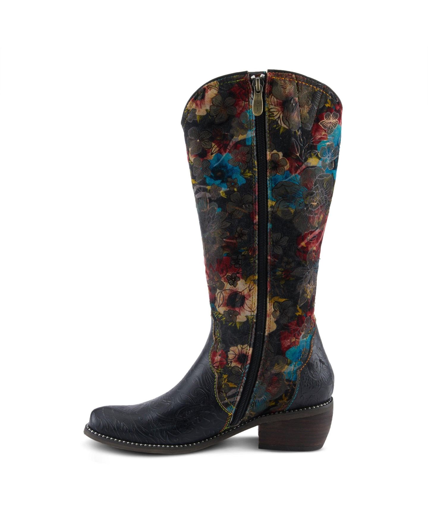 Женские ботинки L'Artiste L Artiste Women s Rodeoqueen-Viv Western Tall Boots with Embossed Leather, Floral Velvet Shaft, and Stacked Heel, цвет: Чёрный разноцветный — фото 2