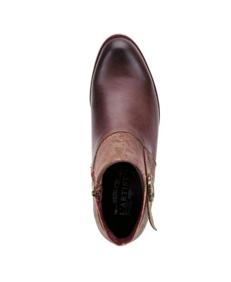 Women's Tiatia Hand-Painted Leather Ankle Boots with Asymmetrical Buckle Strap, Embossed and Suede Panels, Block Heel, and Side Zipper