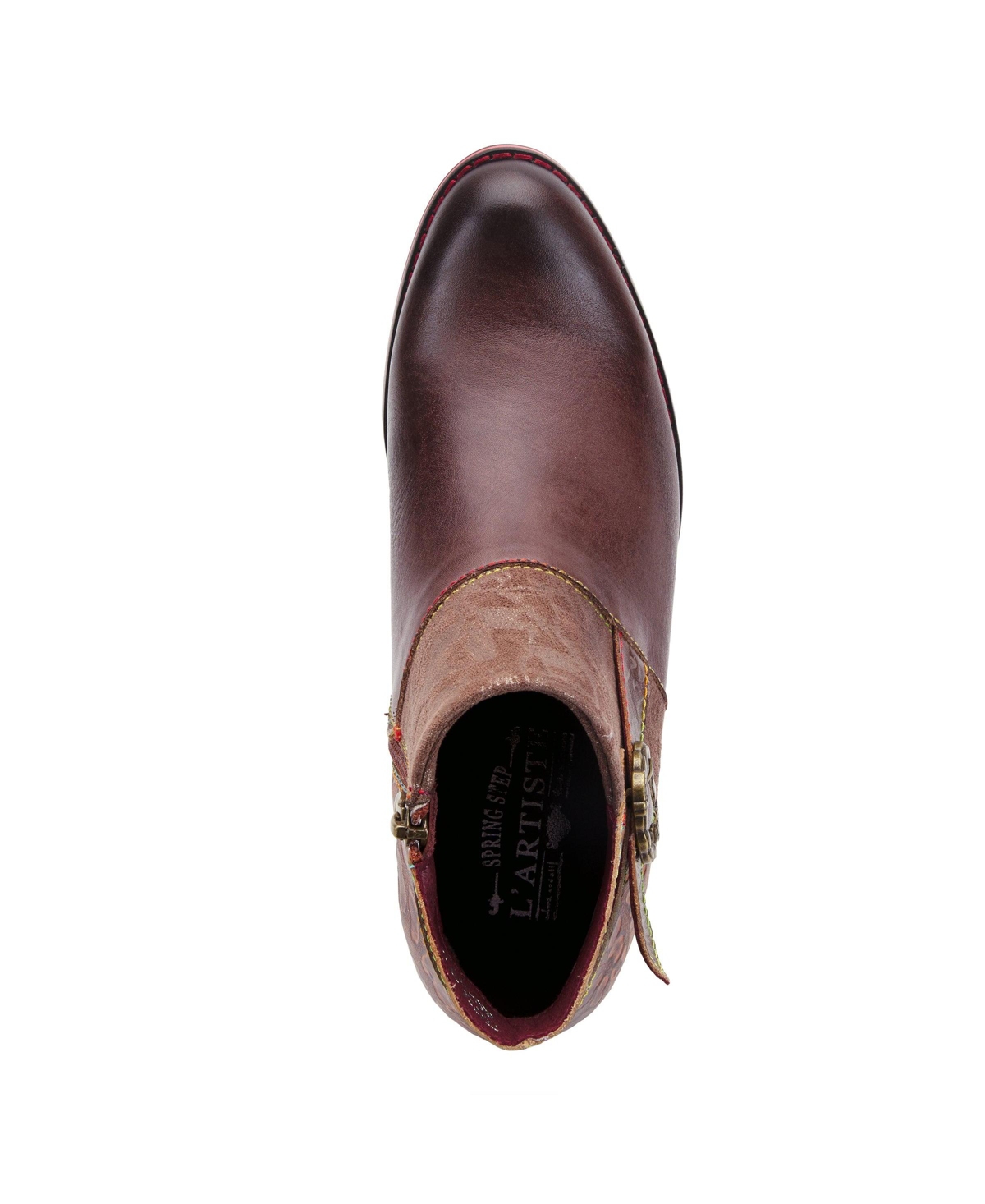 L'Artiste Women's Tiatia Hand-Painted Leather Ankle Boots with Asymmetrical Buckle Strap, Embossed and Suede Panels, Block Heel, Side Zipper – Fre