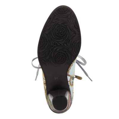 L’Artiste Women’s SIREN Embroidered Floral Lace-Up Booties with Embossed Leather, Scalloped Trim & Cone Heel